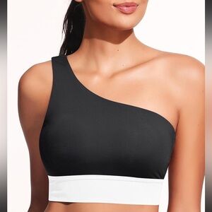 NWT HOLIPICK B&W One Shoulder Longline Crop Top Sports Bra Bikini Top? Medium